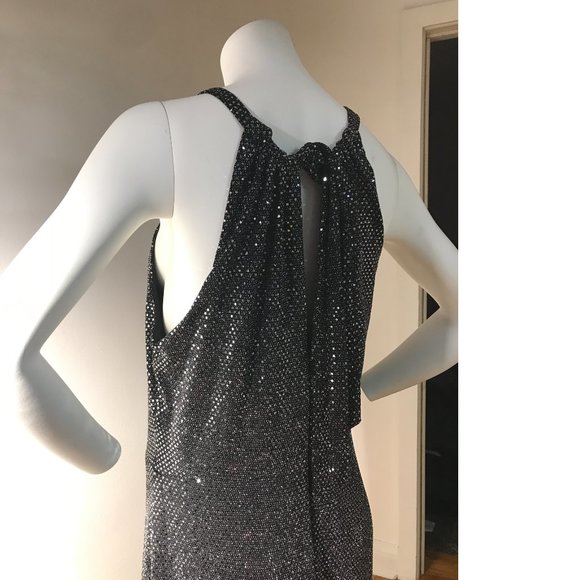 Le Chateau Black Silver Metallic Payette Maxi Gala Dress Gown  Wedding Slit NWT - Picture 7 of 9